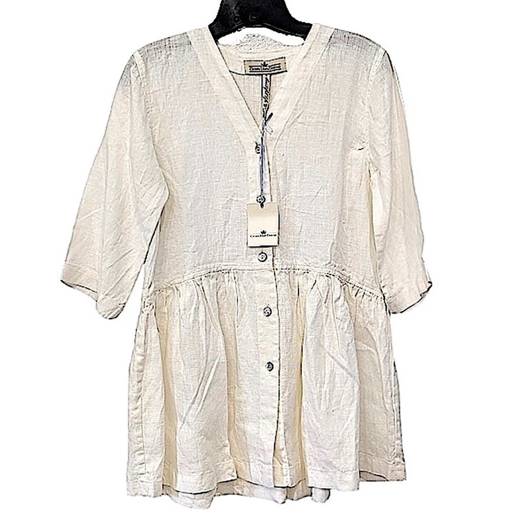NWT Crown Linen Designs Off White Linen Button Front Gathered Waist Tunic XS